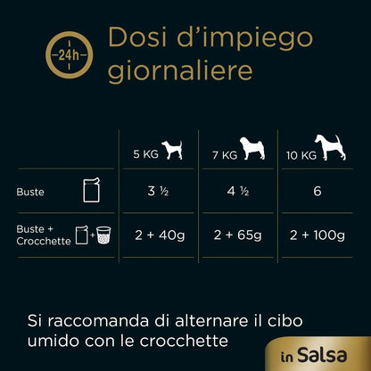 Busta di cibo umido per cani Cesar in salsa, multipack 4x100g, prodotto di marca AGRIAPPIA, visibile con bocconi di carne e salsa.