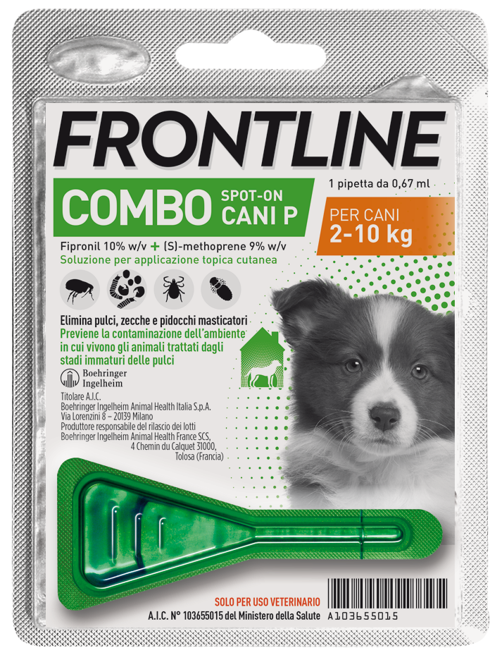 Schermata di un blister di Frontline Combo® Cane di AGRIAPPIA con cucciolo di cane e trattamento antiparassitario