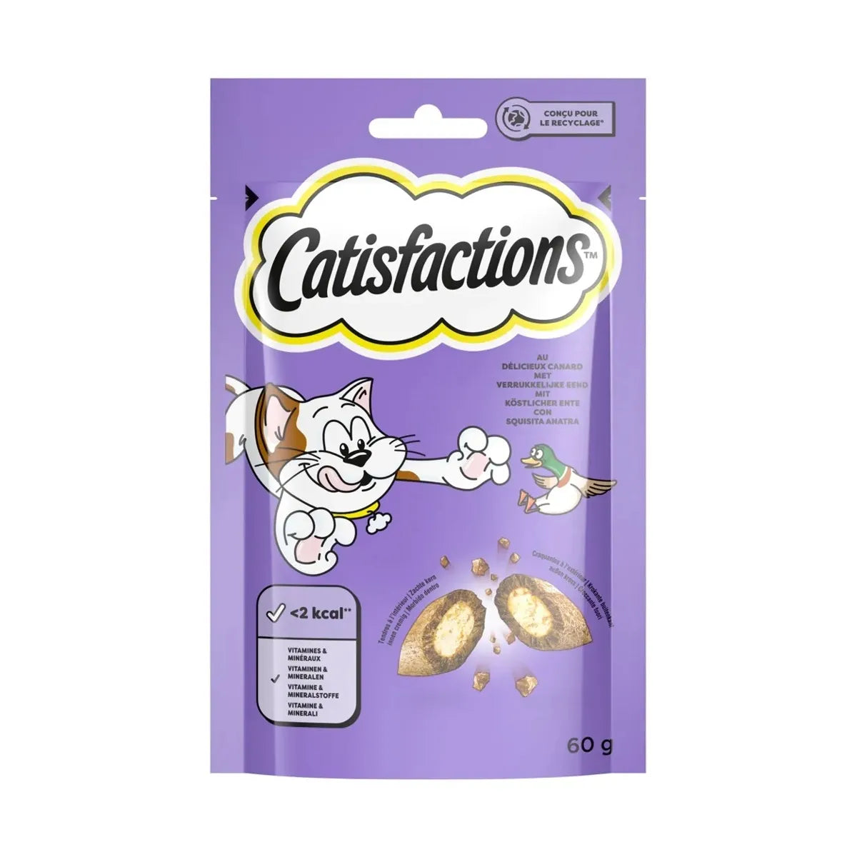 Snack Catisfactions per gatto con anatra, della marca AGRIAPPIA, in confezione da 60g, con immagine di crocchette di anatra.