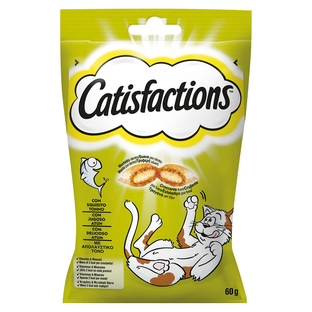 Snack per gatti Catisfactions con tonno AGRIAPPIA, bustina da 60g con pezzi di tonno in modo appetitoso e naturale.