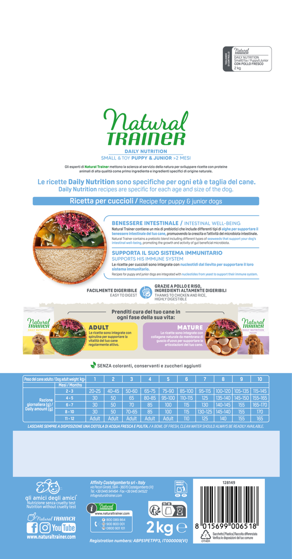 Crocchette per cuccioli di piccola taglia e giovani con pollo fresco, Natural Trainer DAILY NUTRITION, marca AGRIAPPIA.