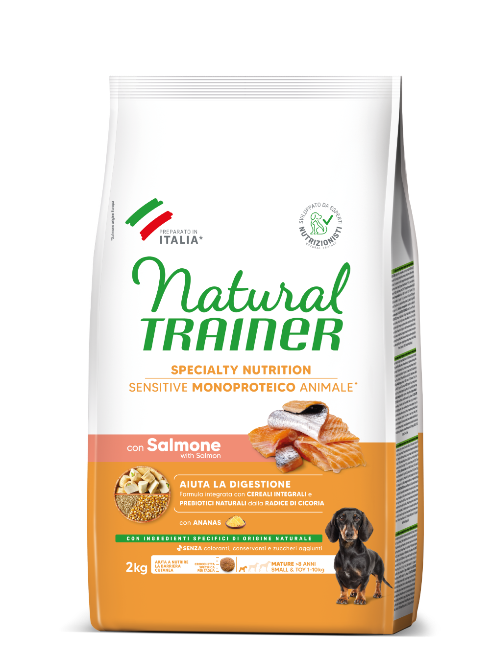 Crocchette per cani Natural Trainer AGRIAPPIA con salmone e cereali integrali, senza glutine, per cani sensibili e maturi, formato small&toy