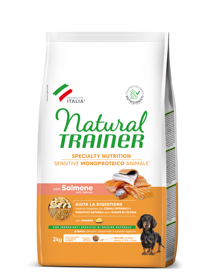 Crocchette per cani Natural Trainer AGRIAPPIA con salmone e cereali integrali, senza glutine, per cani sensibili e maturi, formato small&toy