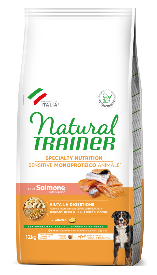 Crocchette per cani Natural Trainer AGRIAPPIA con salmone e cereali integrali, senza glutine, adatte a adulti sensibili, monoproteici.