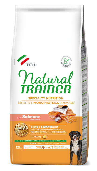 Crocchette per cani Natural Trainer AGRIAPPIA con salmone e cereali integrali, senza glutine, adatte a adulti sensibili, monoproteici.