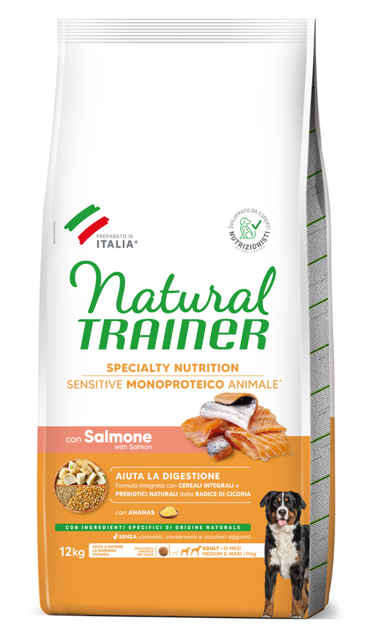 Natural Trainer - SPECIALTY NUTRITION SENSITIVE MONOPROTEICO ANIMALE NO GLUTEN MEDIUM&MAXI ADULT CON SALMONE E CEREALI INTEGRALI