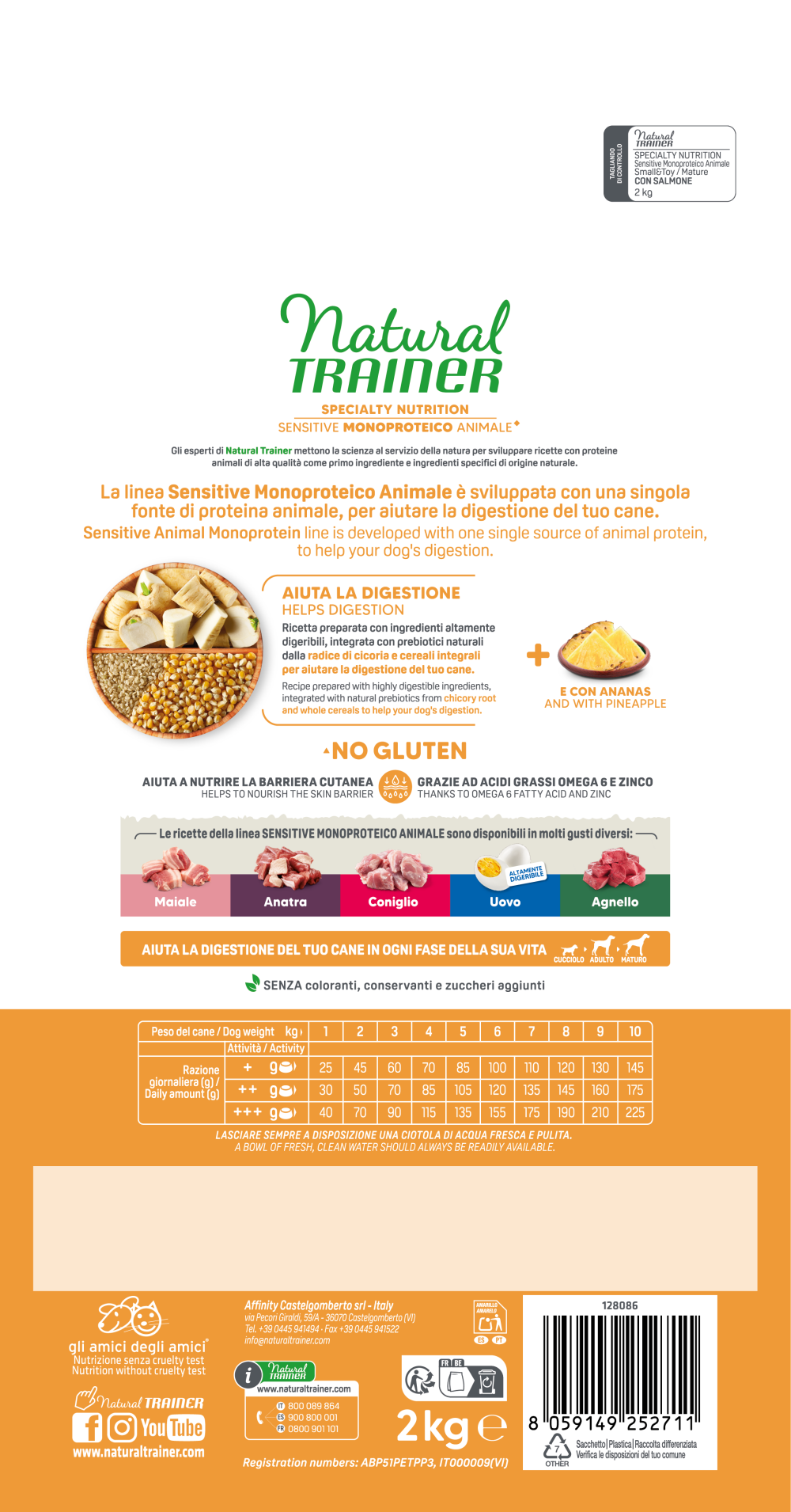 Crocchette Natural Trainer AGRIAPPIA per cani sensibili, con salmone e cereali integrali, senza glutine, taglia small&toy maturo