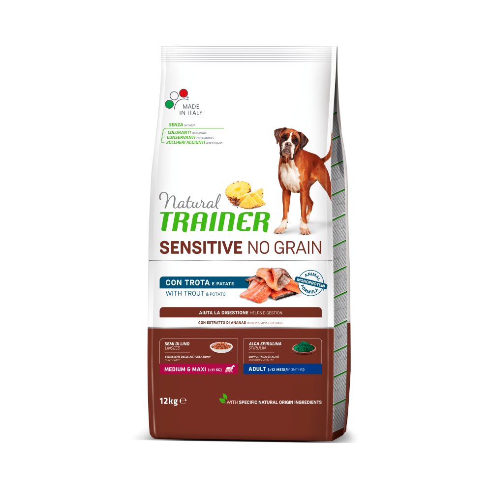 Alimento naturale per adulti con trota senza cereali, Natural Trainer NO GRAIN M&M, brand AGRIAPPIA, in una ciotola.