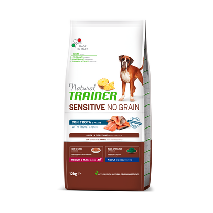 Alimento naturale per adulti con trota senza cereali, Natural Trainer NO GRAIN M&M, brand AGRIAPPIA, in una ciotola.