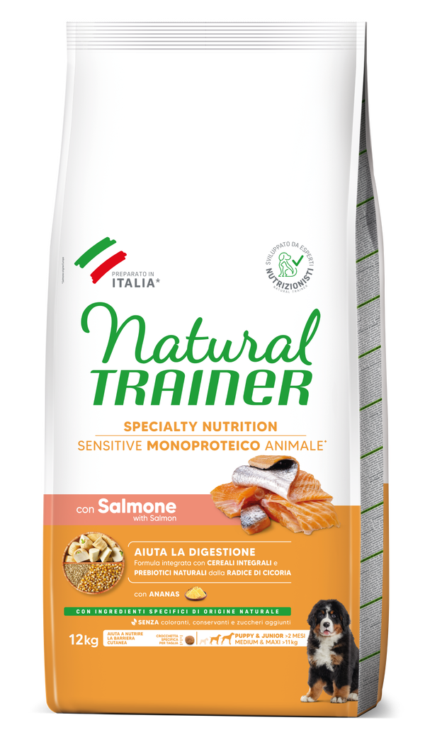 Natural Trainer - SPECIALTY NUTRITION SENSITIVE MONOPROTEICO ANIMALE SENZA GLUTINE CUCCIOLI&JUNIOR TAGLIA MEDIA&GRANDE CON SALMONE E CEREALI INTEGRALI