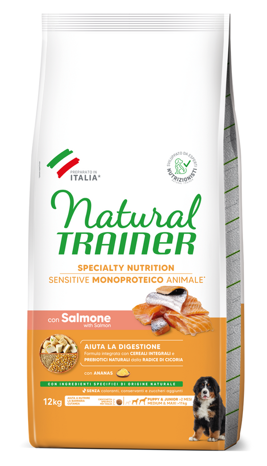 Natural Trainer - SPECIALTY NUTRITION SENSITIVE MONOPROTEICO ANIMALE NO GLUTEN MEDIUM&MAXI PUPPY&JUNIOR CON SALMONE E CEREALI INTEGRALI