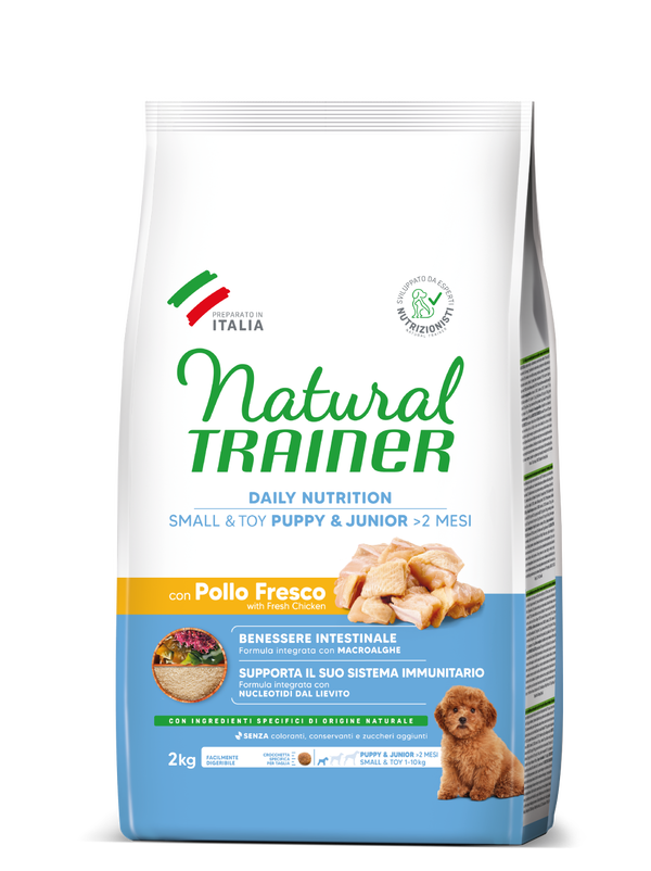 Crocchette Natural Trainer DAILY NUTRITION per cuccioli di piccola taglia e junior con pollo fresco, marca AgriAppia