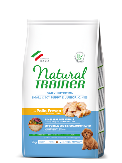 Crocchette Natural Trainer DAILY NUTRITION per cuccioli di piccola taglia e junior con pollo fresco, marca AgriAppia