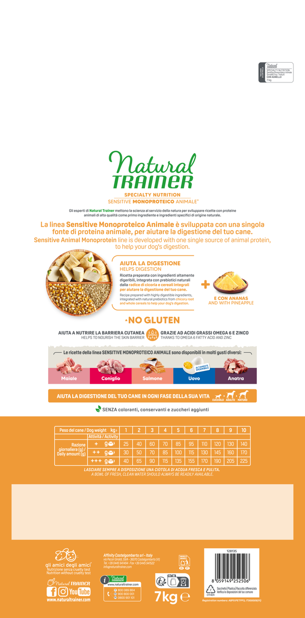 Crocchette per cani Natural Trainer AGRIAPPIA con agnello, cereali integrali, senza glutine, adatte a cani sensibili, dimensione small.