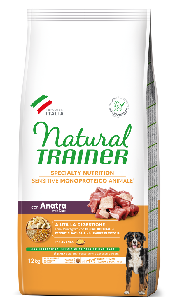 Crocchette per cani Sensitive Monoproteico AgriaPpia con anatra, cereali integrali, senza glutine, adatte a cani adulti di taglia media e maxi