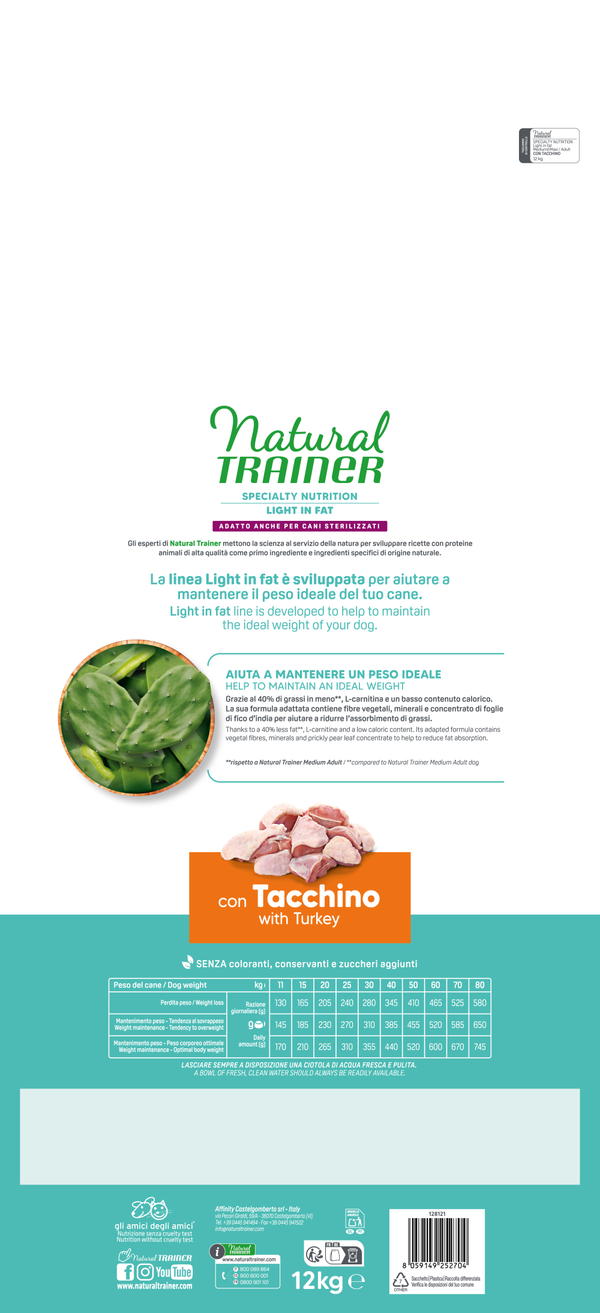 Alimento per animali AGRIAPPIA Natural Trainer Specialità Nutrizione light in grasso per adulti con tacchino, confezione da 1 kg