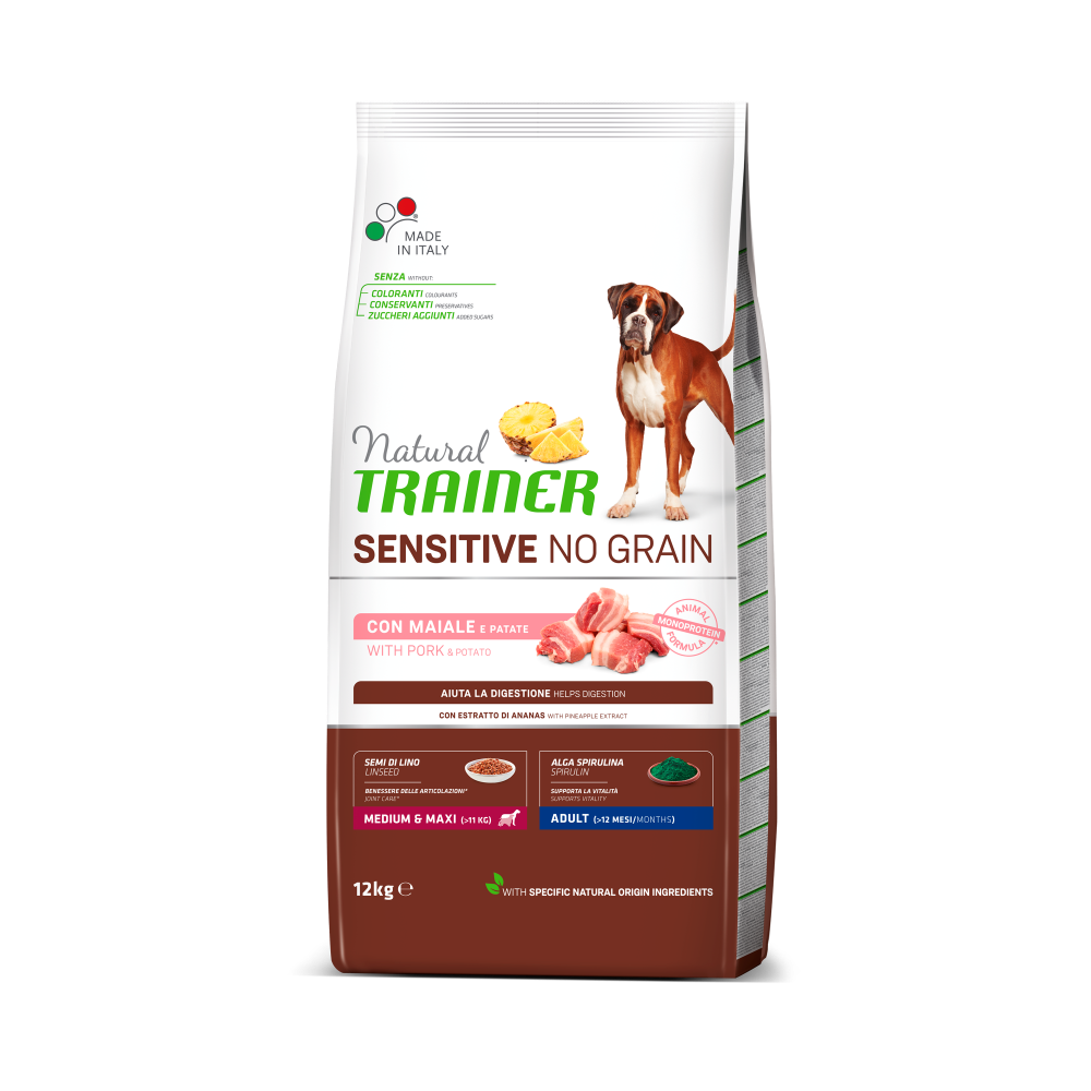 Cibo naturale per animali AGRIAPPIA Natural Trainer NO GRAIN M&M per cani adulti, con ingredienti di alta qualità senza cereali.