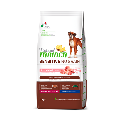 Cibo naturale per animali AGRIAPPIA Natural Trainer NO GRAIN M&M per cani adulti, con ingredienti di alta qualità senza cereali.