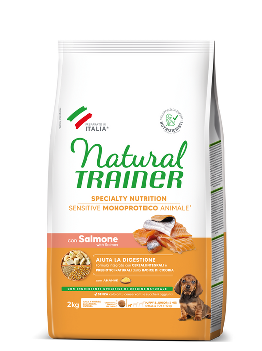 Natural Trainer - SPECIALTY NUTRITION SENSITIVE MONOPROTEICO ANIMALE NO GLUTEN SMALL&TOY PUPPY&JUNIOR CON SALMONE E CEREALI INTEGRALI