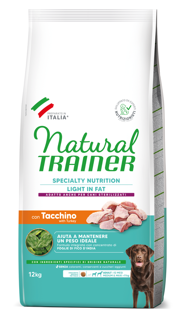 Crocchette per cani AGRIAPPIA Natural Trainer, specialità light in grassi per cani adulti con tacchino, confezione da MAXI.