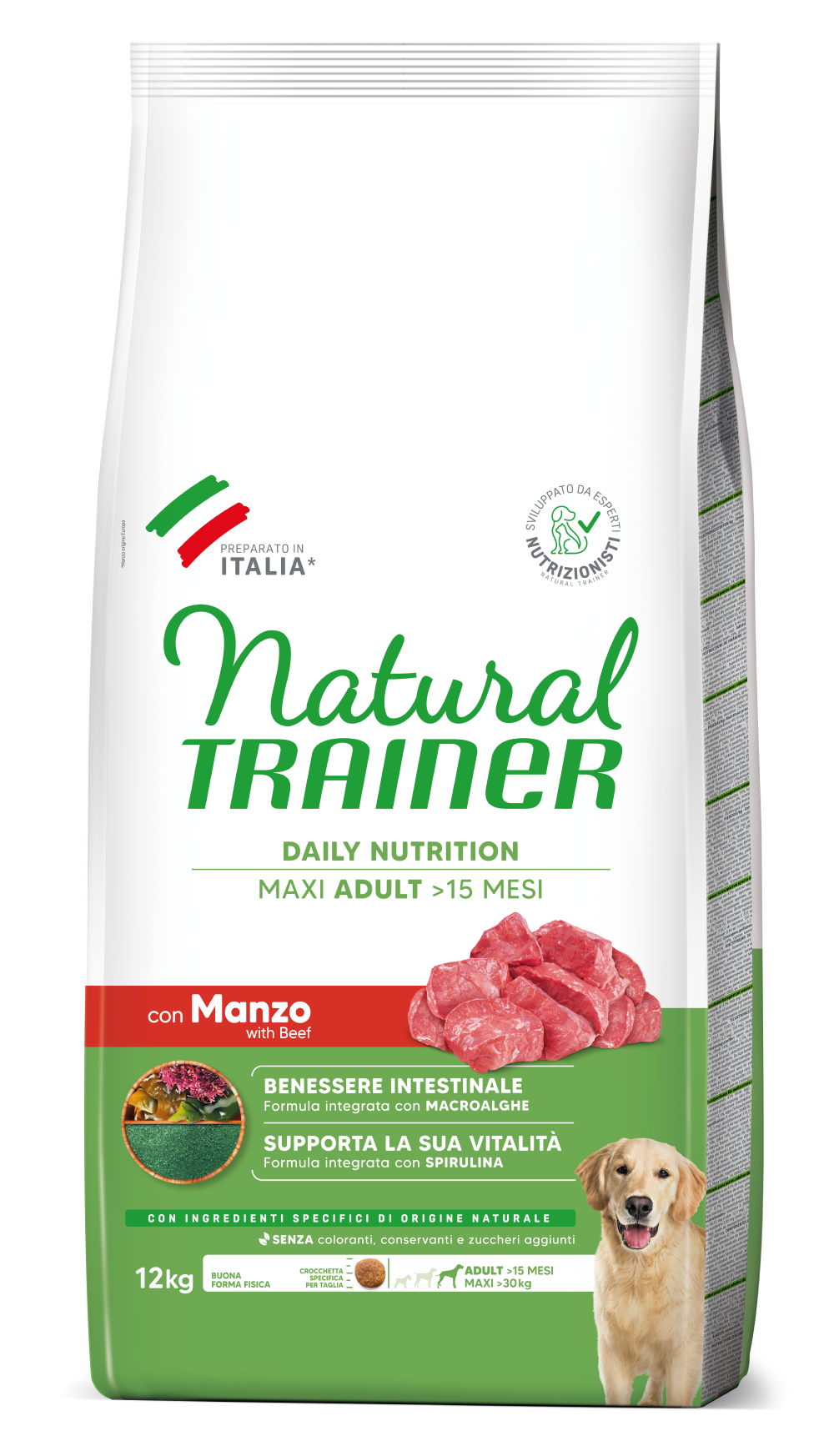 Crocchette per cani adulti Natural Trainer Cane Daily Nutrition Maxi con manzo, alimentazione completa e naturale per cani di taglia grande.