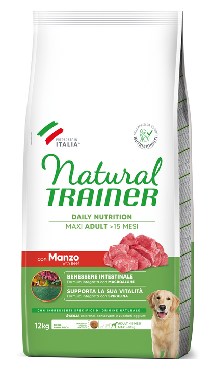 Crocchette per cani adulti Natural Trainer Cane Daily Nutrition Maxi con manzo, alimentazione completa e naturale per cani di taglia grande.