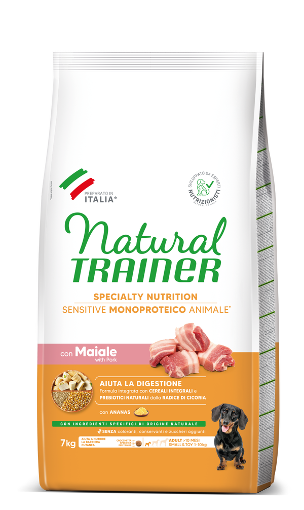 Crocchette Natural Trainer AgriaPpia per cani adulti sensibili, con maiale, cereali integrali e senza glutine, formato small&toy.
