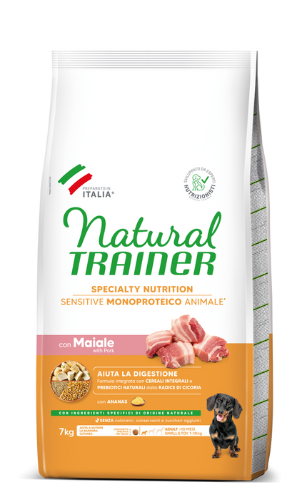Crocchette Natural Trainer AgriaPpia per cani adulti sensibili, con maiale, cereali integrali e senza glutine, formato small&toy.