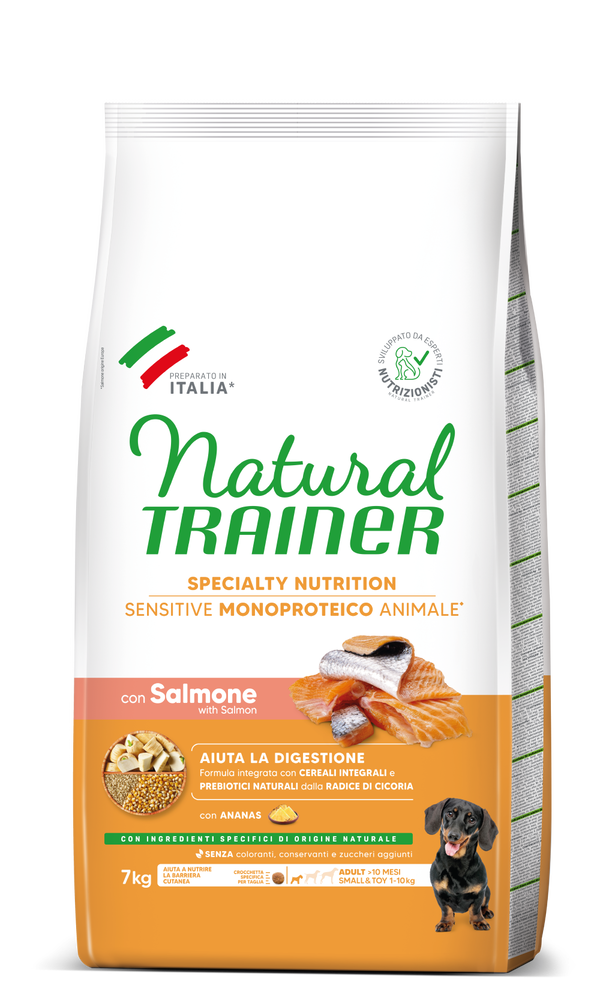 Crocchette per cani Sensibili Monoproteico Salmone e Cereali Integrali, Natural Trainer, AgriaPpia, alimento per adulti small&toy