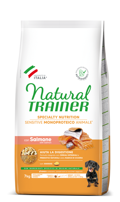 Crocchette per cani Sensibili Monoproteico Salmone e Cereali Integrali, Natural Trainer, AgriaPpia, alimento per adulti small&toy