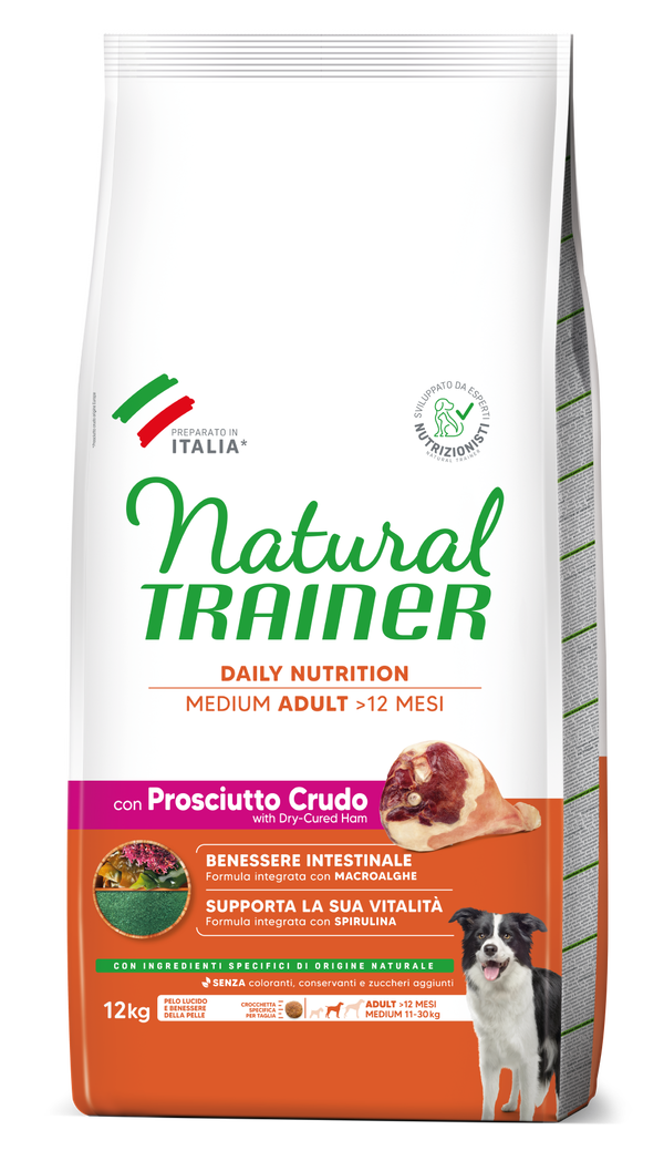 Natural Trainer Daily Nutrition Medium con Prosciutto, alimento per adulti della linea AgriAppia, ricco di proteine e gusto naturale