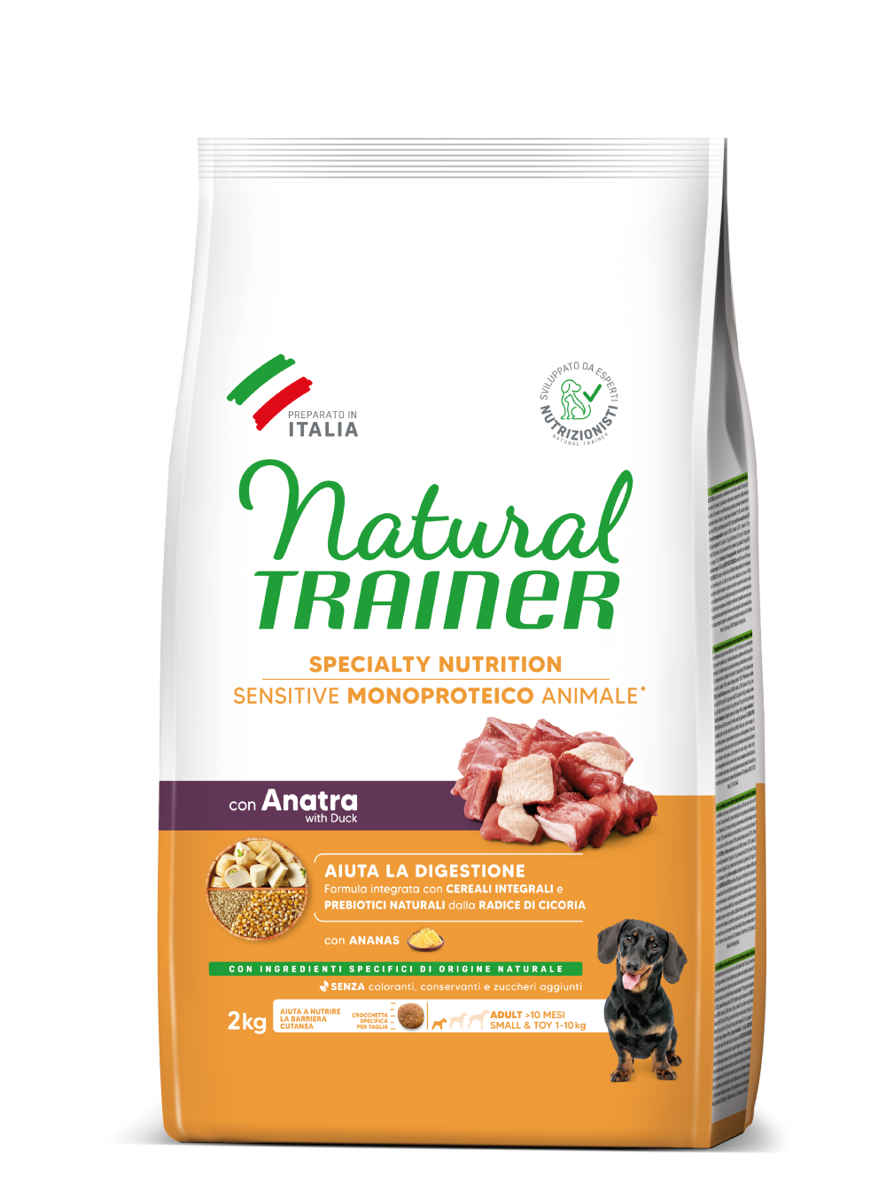Crocchette Natural Trainer Agriappia per cani adulti sensibili, con anatra, cereali integrali e senza glutine, formato small&toy