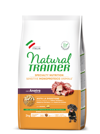 Crocchette Natural Trainer Agriappia per cani adulti sensibili, con anatra, cereali integrali e senza glutine, formato small&toy
