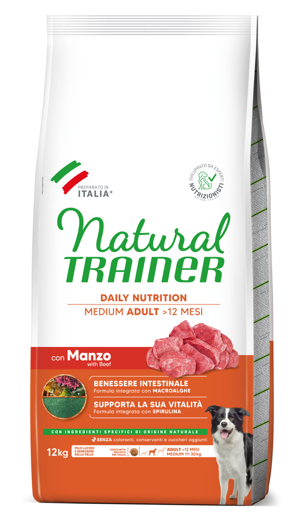 Crocchette per cani adulti Natural Trainer DAILY NUTRITION MEDIUM con manzo, prodotto AGRIAPPIA, alimentazione equilibrata per animali.