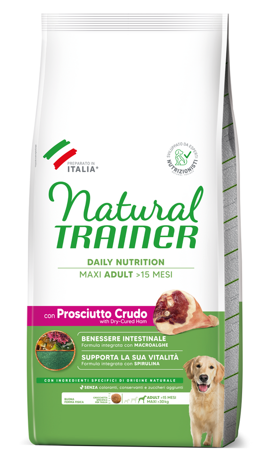 Integratore alimentare Natural Trainer DAILY NUTRITION MAXI per adulti con prosciutto crudo, confezione con barretta nutrizionale AGRIAPPIA