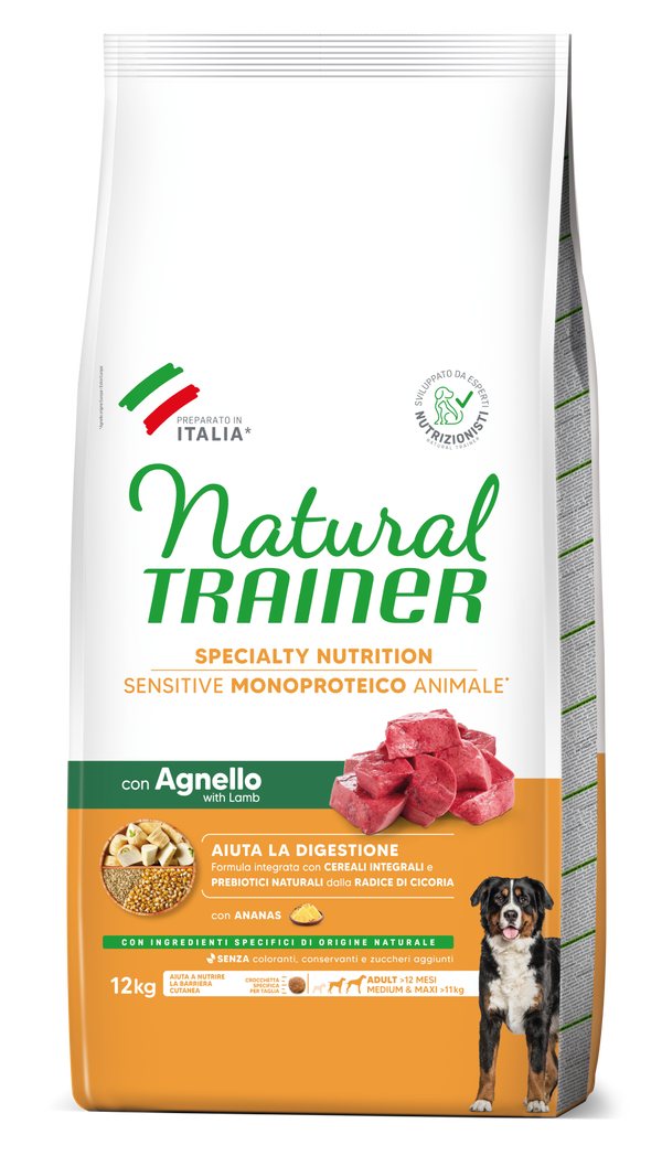 Crocchette per cani NATURAL TRAINER AGRIAPPIA, monoproteico con agnello, cereali integrali, senza glutine, per cani adulti sensibili