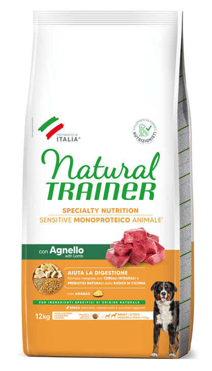 Crocchette per cani NATURAL TRAINER AGRIAPPIA, monoproteico con agnello, cereali integrali, senza glutine, per cani adulti sensibili