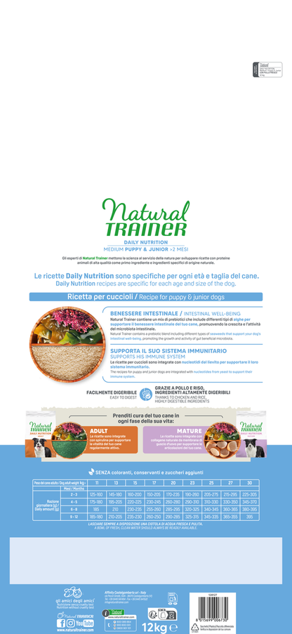 Crocchette per cuccioli e junior AGRIAPPIA NATURAL TRAINER DAILY NUTRITION con pollo fresco, sacchetto da cibo per cani di taglia media