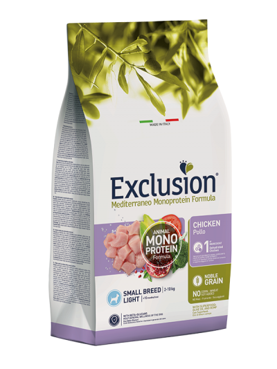 Cibo per cani Exclusion Mediterraneo Noble Grain Light pollo per piccola taglia, confezione con crocchette leggere per cani di piccola taglia