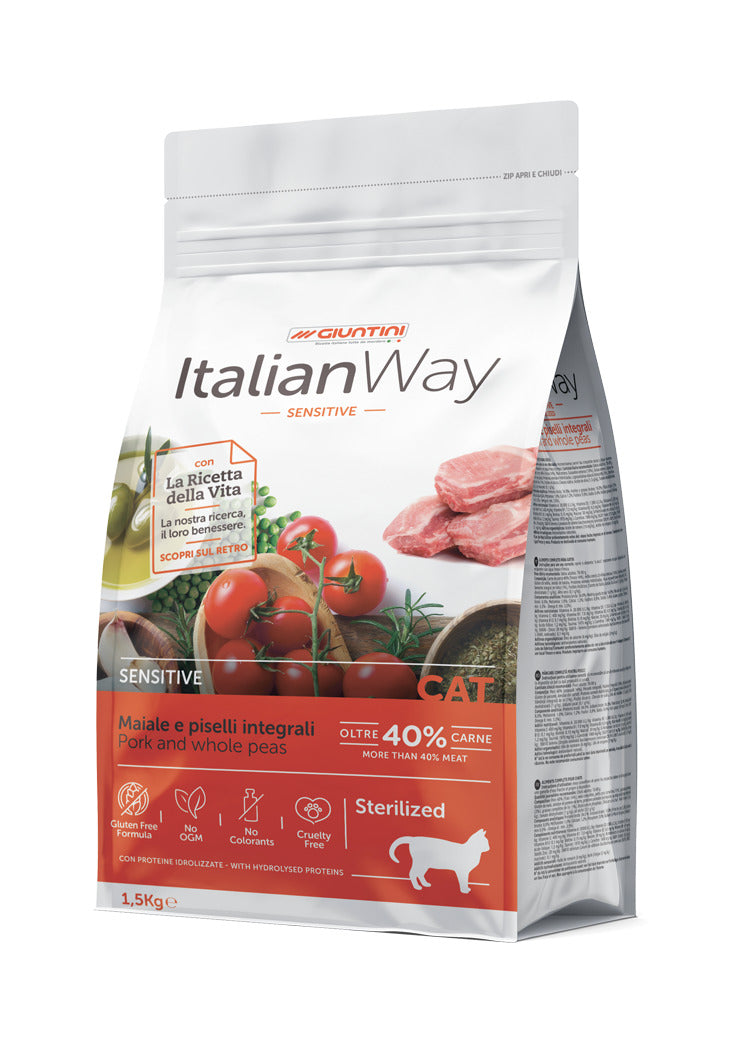 Cibo per gatti ItalianWay Maiale e piselli integrali AGRIAPPIA in scatola da 15 kg, con carne di maiale e piselli.