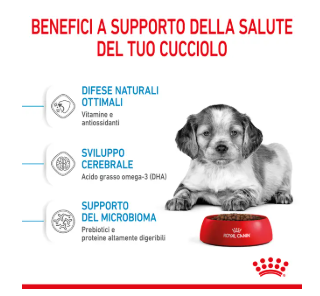 Cane di taglia media Puppy Royal Canin AGRIAPPIA, immagine con confezione del cibo per cuccioli di taglia media