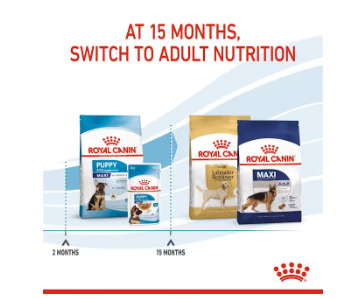 Cucciolo Maxi Royal Canin AGRIAPPIA, crocchette per cani di taglia grande, mostrato in sacchetto di alimenti per animali domestici.