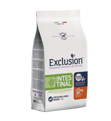 Cibo per cani AGRIAPPIA EXCLUSION MONOPROTEIN VET DIET con carne di maiale e riso, adatto a cani di taglia media e grande.