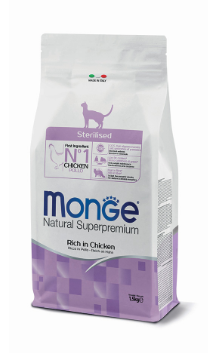 Crocchette Monge Natural Superpremium Sterilised Ricco in Pollo, sacco di cibo per gatti sterilizzati, immagini del prodotto AGRIAPPIA