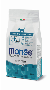 Crocchette Monge Natural Superpremium Kitten Ricco in Pollo, alimento umido per gattini, in confezione con pollo visibile.