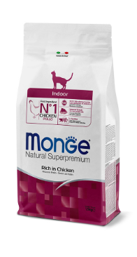 Crocchette Monge Natural Superpremium Indoor Ricco in Pollo per gatti, confezione con crocchette per alimentazione naturale e bilanciata
