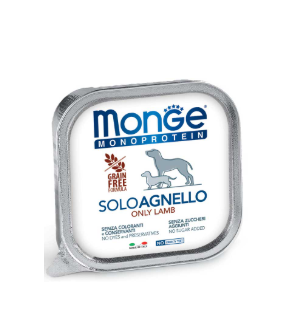 Paté Monge Monoprotein Cane AGRIAPPIA in confezione da 150g, con immagine di un contenitore di cibo per cani.