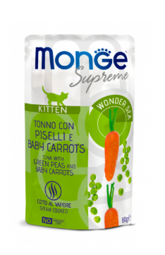 Crocchette Monge Supreme Cat 80g in confezione, con immagini di alimenti per gatti di alta qualità.