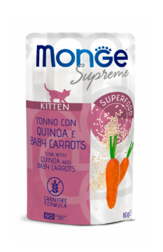 Crocchette Monge Supreme Cat AGRIAPPIA in confezione da 80g, con croccantini per gatti visibili in un sacchetto.