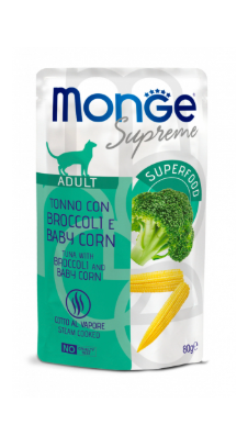 Sacco di cibo per gatti Monge Supreme AgriaPPIA da 80g con confezione aperta e crocchette visibili.